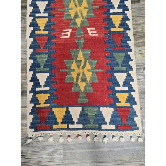 Vtg Turkish Kilim Wool Rug Hand Woven Aztec 2'x3' 24" X 36" #1 - Picture 2 of 8
